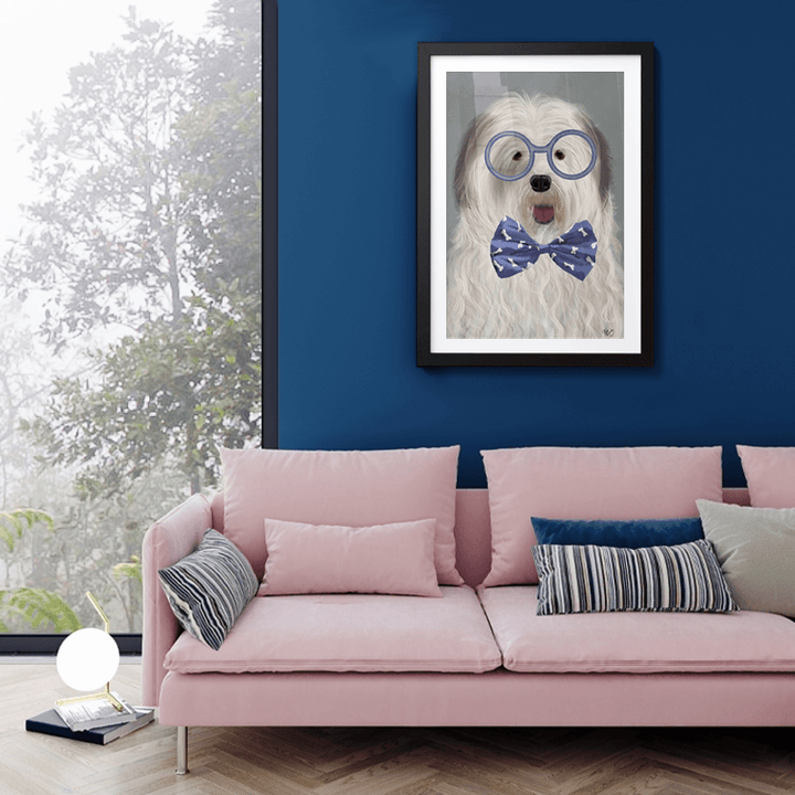 Old English Sheepdog with Glasses and Bow Tie