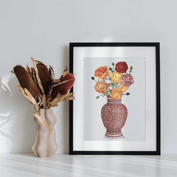 Chinoiserie Carnations Multicolour, Red Vase