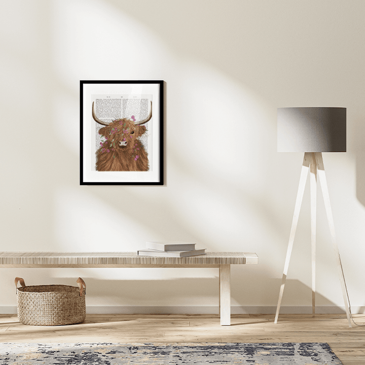 Highland Cow 1, Pink Flowers Book Print