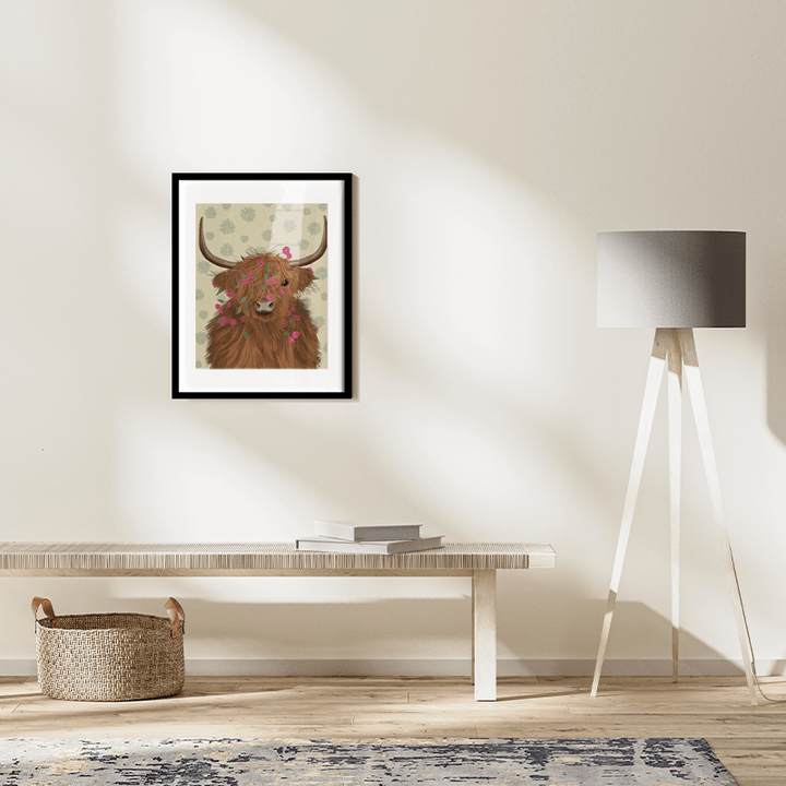 Highland Cow 1, Pink Flowers