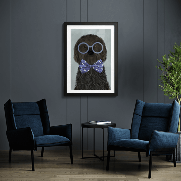 Cockerpoo, Black, with Glasses and Bow Tie