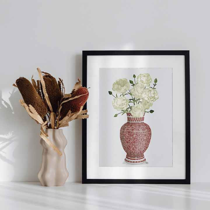 Chinoiserie Carnations White, Red Vase