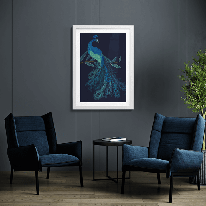 Peacock with Doodle Tail on Blue