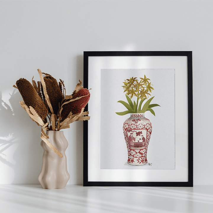 Chinoiserie Day Lily Lemon, Red Vase