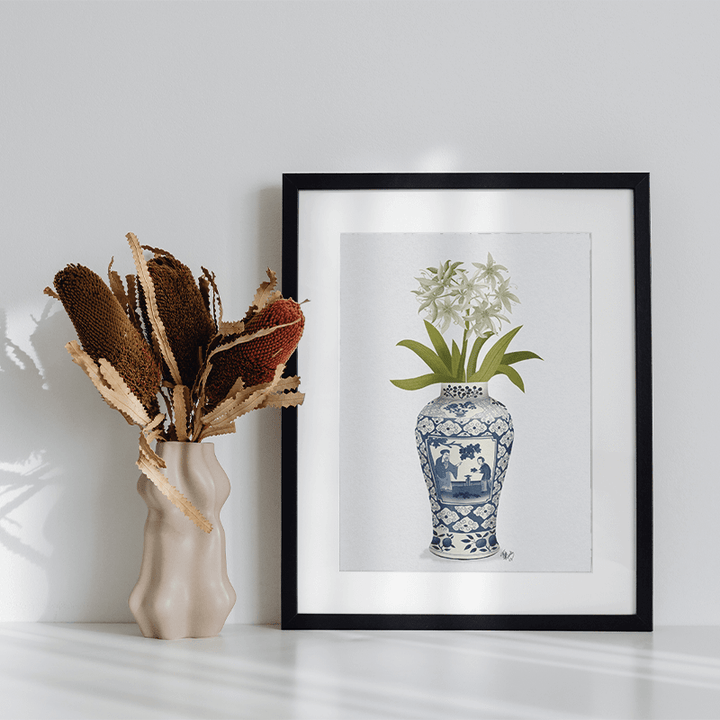 Chinoiserie Day Lily White, Blue Vase