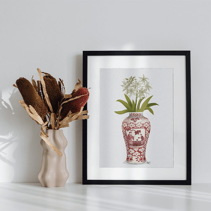 Chinoiserie Day Lily White, Red Vase