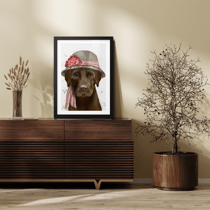 Chocolate Labrador Hat and Pink Scarf