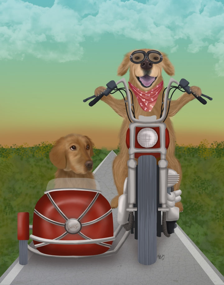 Golden Retriever Chopper and Sidecar