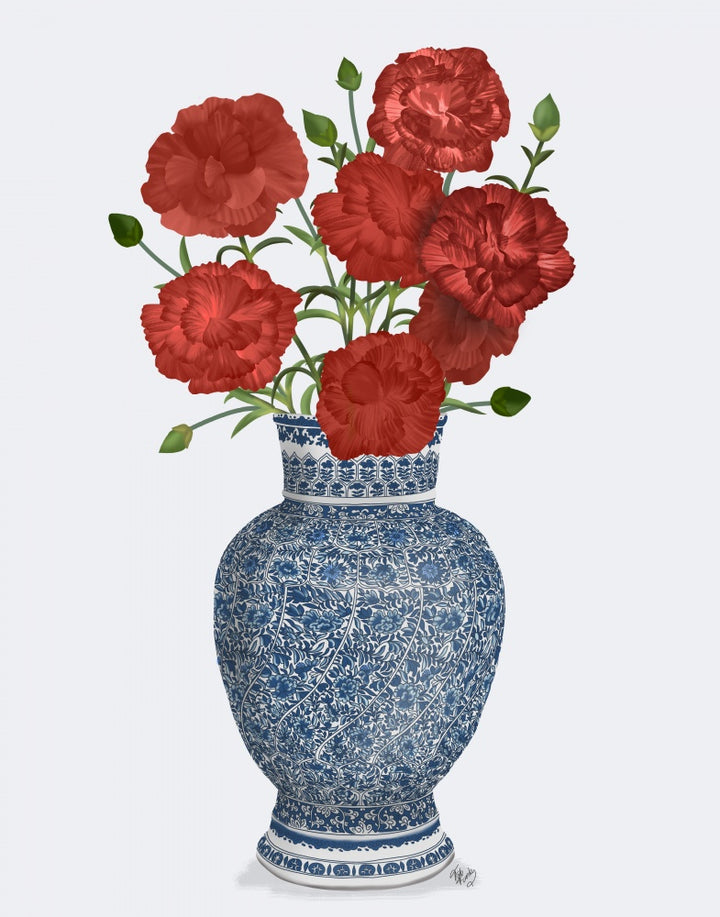 Chinoiserie Carnations Red, Blue Vase