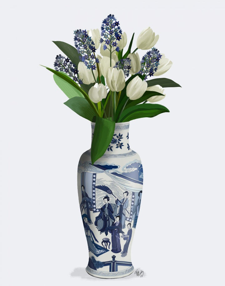 Chinoiserie Tulips White, Hyacinth Blue, Blue Vase