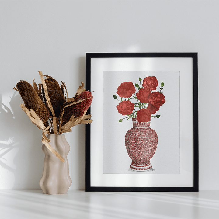 Chinoiserie Carnations Red, Red Vase