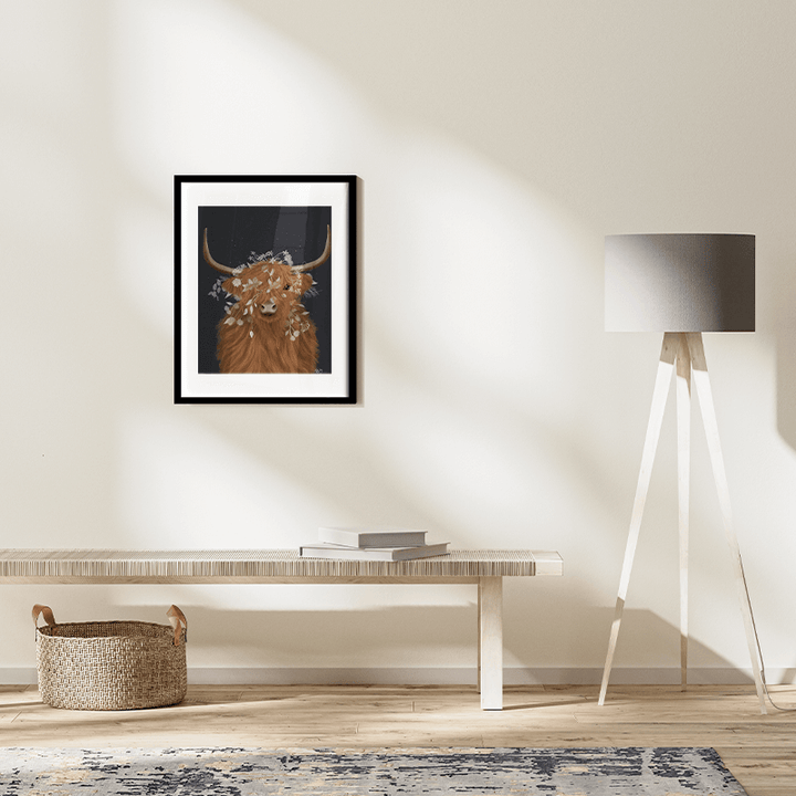Highland Cow 1, White Flowers