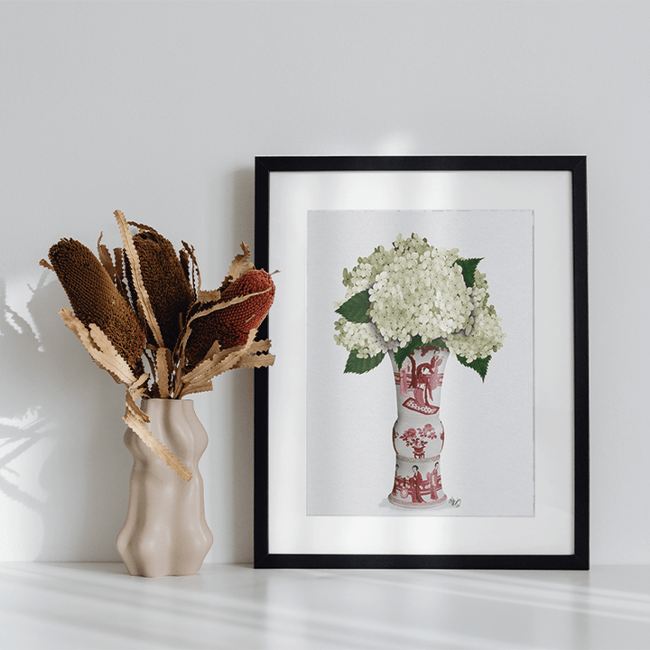Chinoiserie Hydrangea White, Red Vase