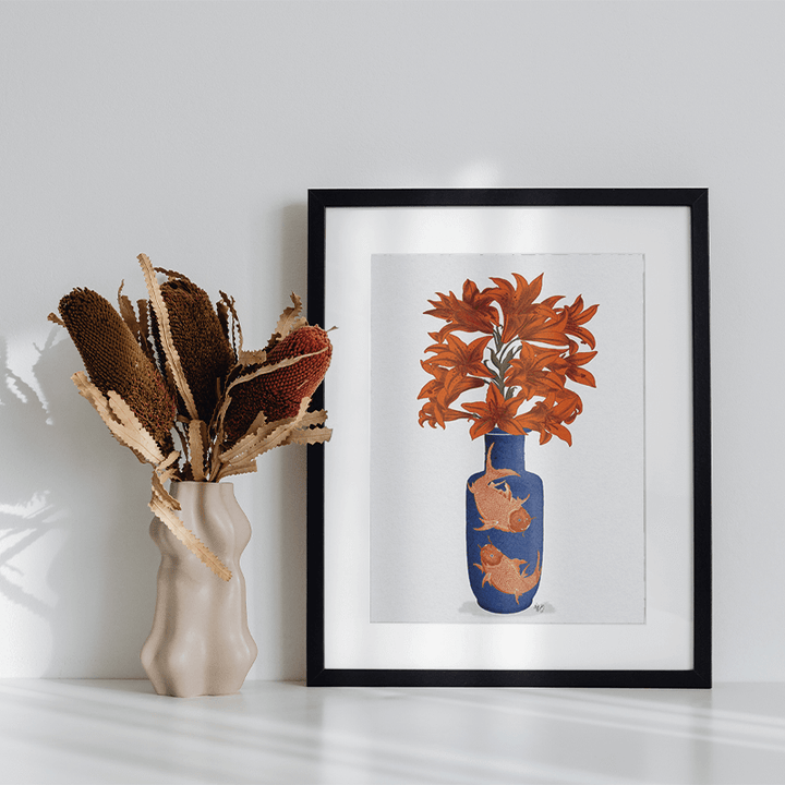 Chinoiserie Lilies Orange, Blue Vase
