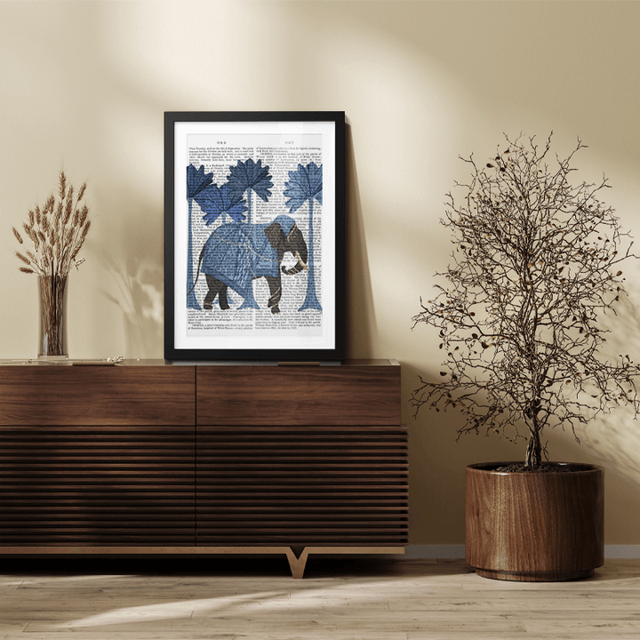 Elephant In Palms Blue and White, Animalia Book Print