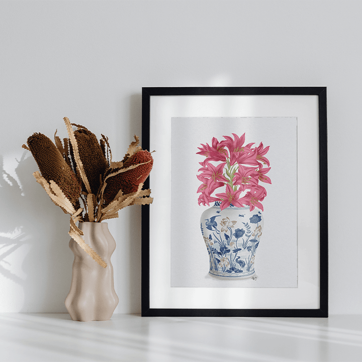 Chinoiserie Lilies Pink, Blue Vase