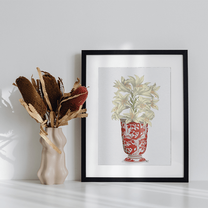 Chinoiserie Lilies White, Red Vase