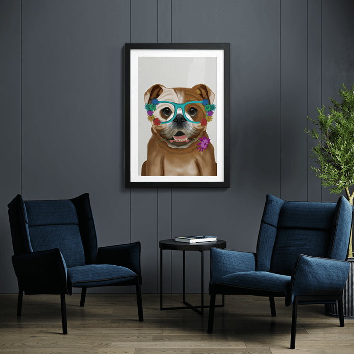 English Bulldog and Flower Glasses