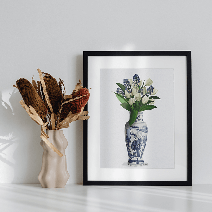 Chinoiserie Tulips White, Hyacinth Blue, Blue Vase