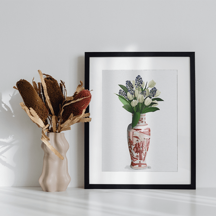 Chinoiserie Tulips White, Hyacinth Blue, Red Vase