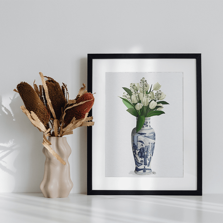 Chinoiserie Tulips White, Hyacinth White, Blue Vase