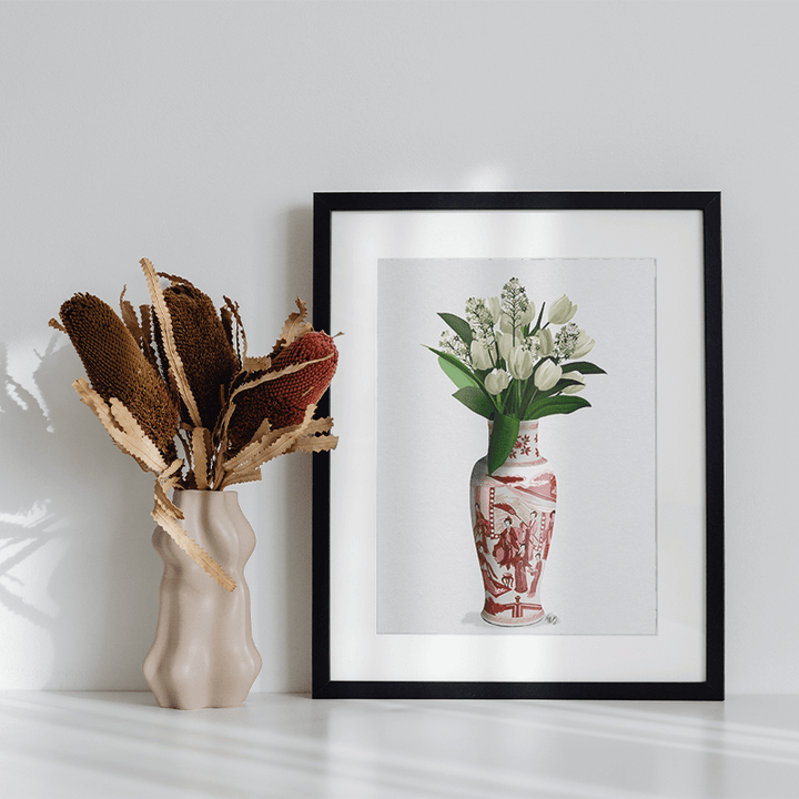 Chinoiserie Tulips White, Hyacinth White, Red Vase