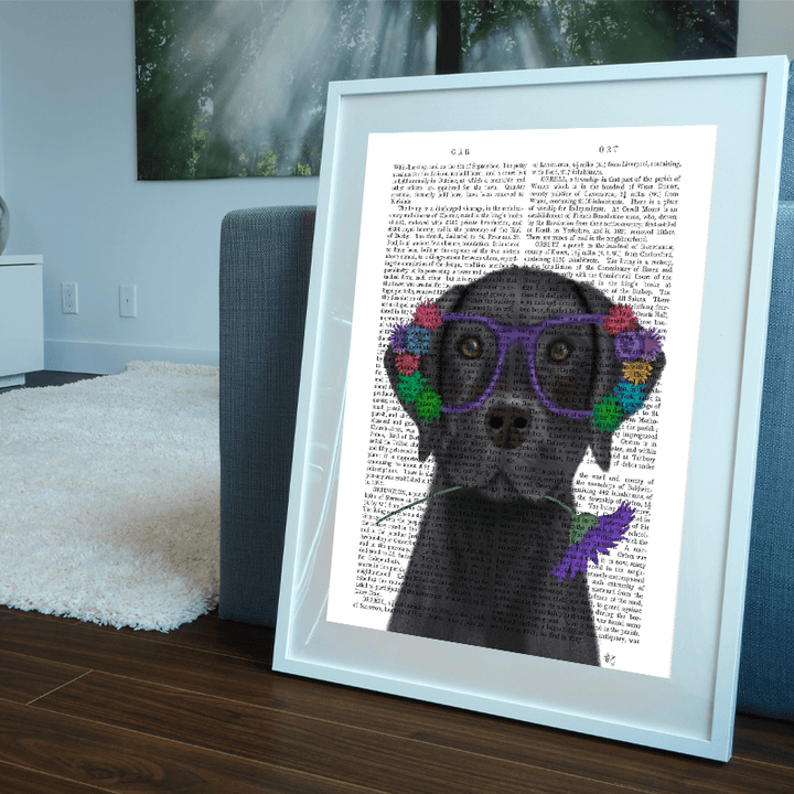Black Labrador and Flower Glasses Book Print