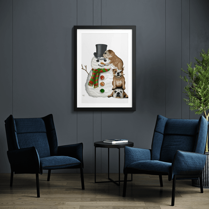 Christmas English Bulldogs Building Snowman
