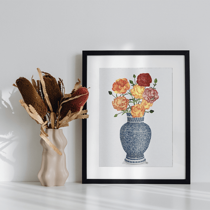 Chinoiserie Carnations Multicolour, Blue Vase