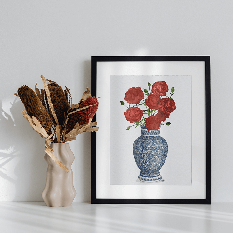 Chinoiserie Carnations Red, Blue Vase