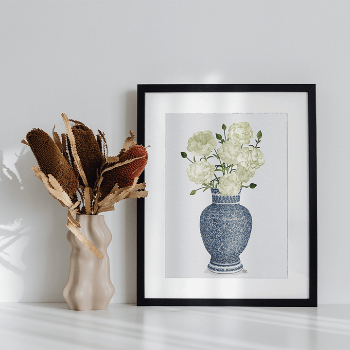 Chinoiserie Carnations White, Blue Vase