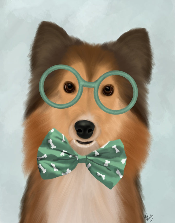 Shetland Sheepdog with Glasses and Bow Tie