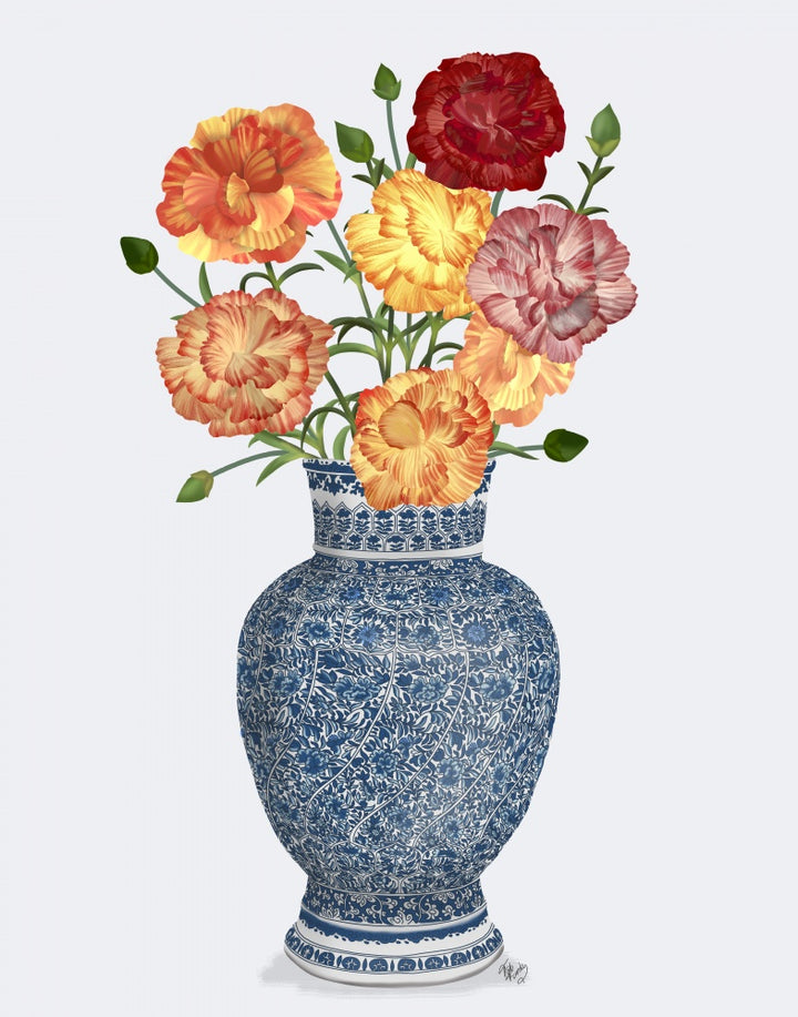 Chinoiserie Carnations Multicolour, Blue Vase