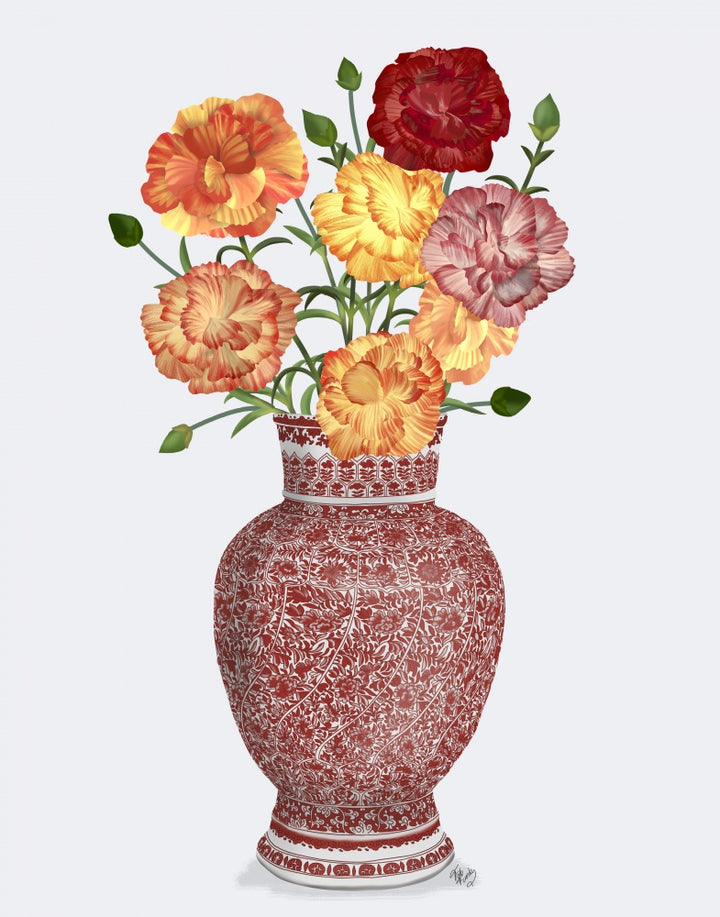 Chinoiserie Carnations Multicolour, Red Vase