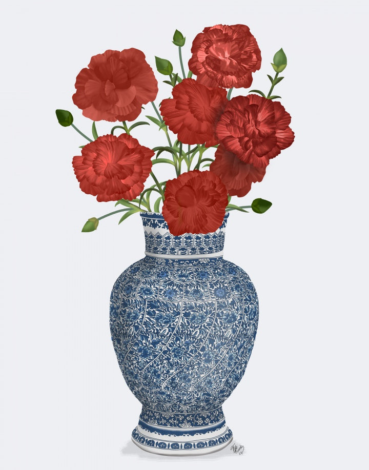 Chinoiserie Carnations Red, Blue Vase