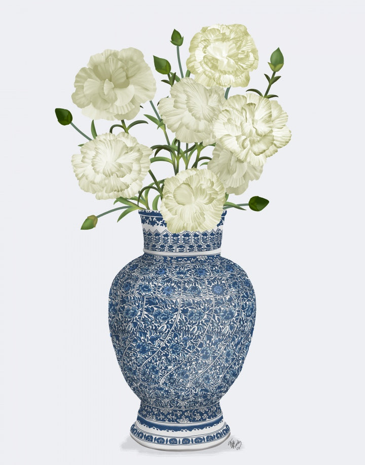 Chinoiserie Carnations White, Blue Vase
