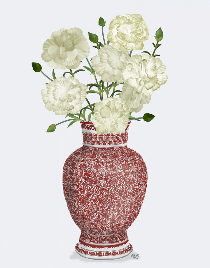 Chinoiserie Carnations White, Red Vase