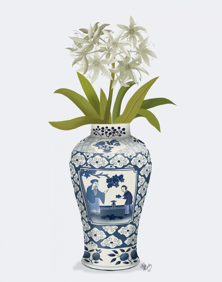 Chinoiserie Day Lily White, Blue Vase