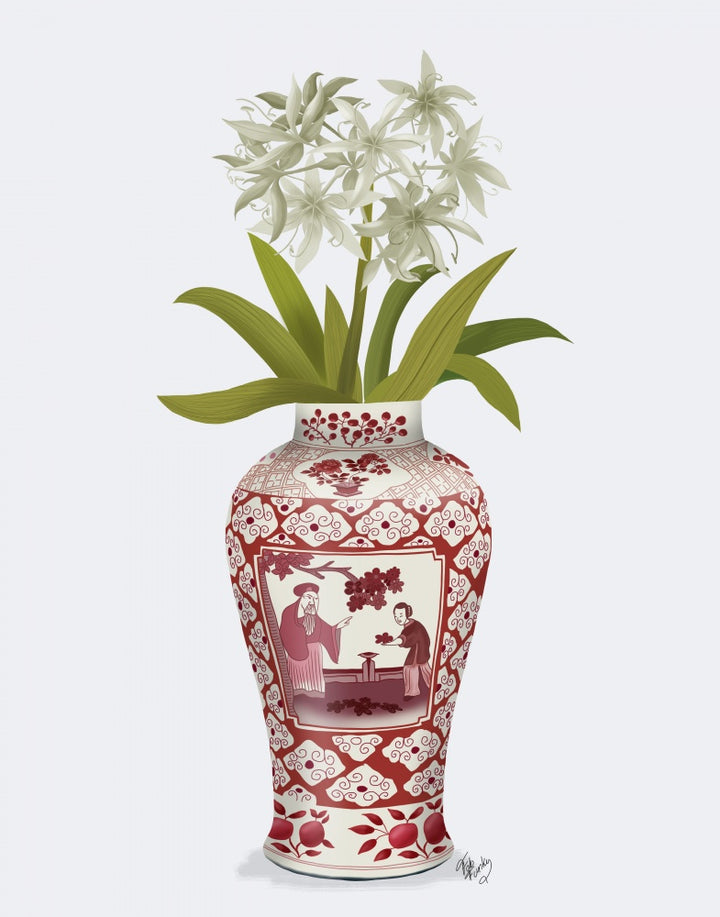 Chinoiserie Day Lily White, Red Vase