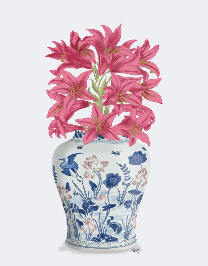 Chinoiserie Lilies Pink, Blue Vase