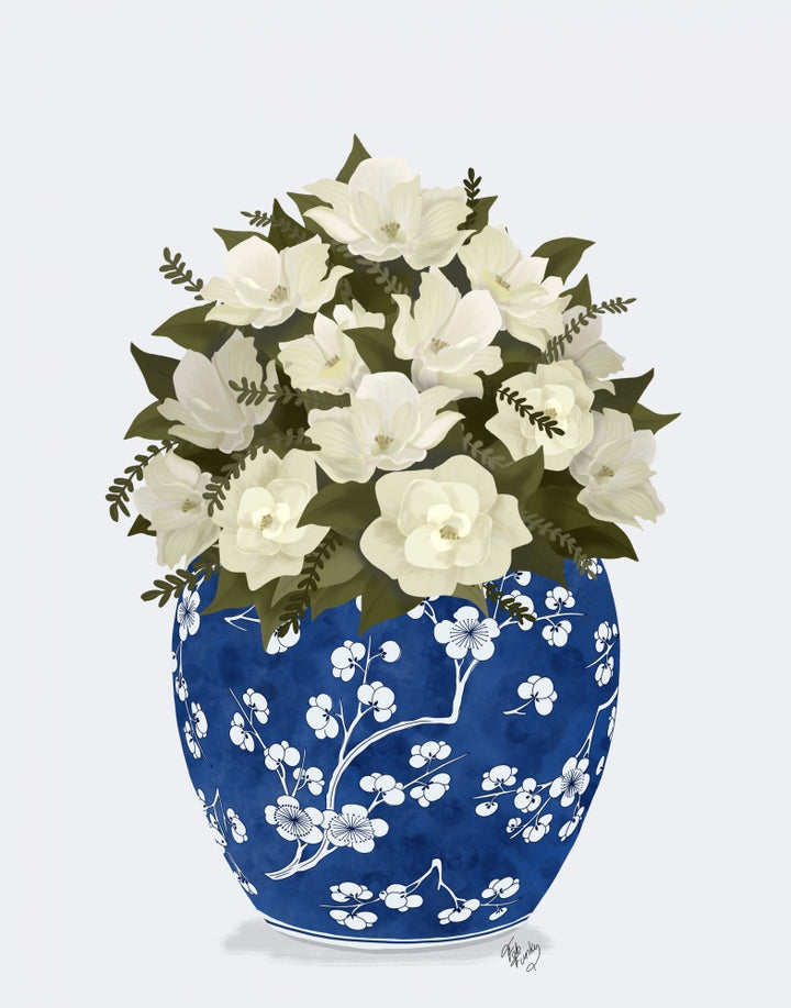 Chinoiserie Magnolias White, Blue Vase