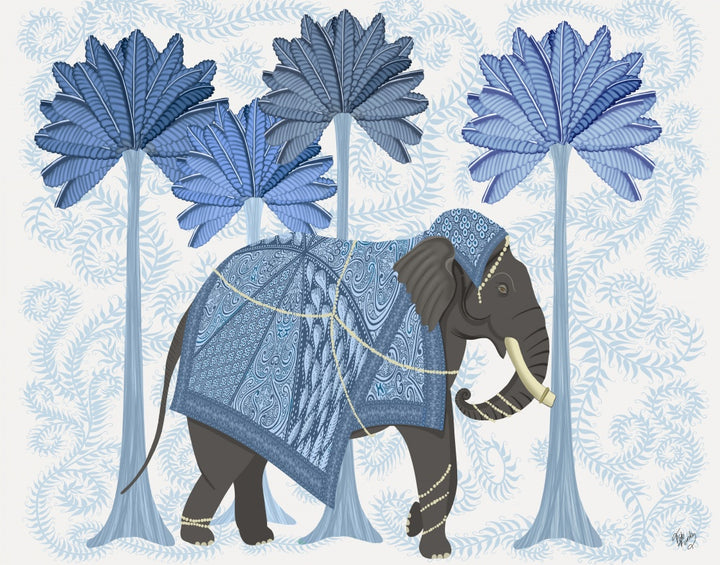 Elephant In Palms Blue and White, Animalia