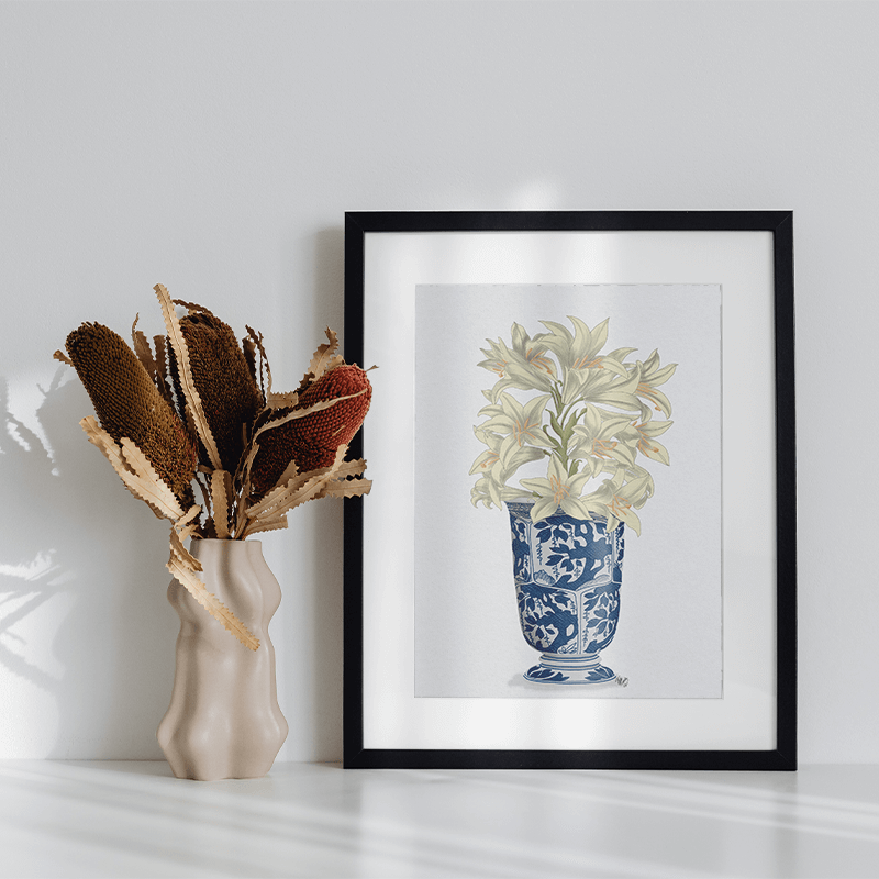 Chinoiserie Lilies White, Blue Vase